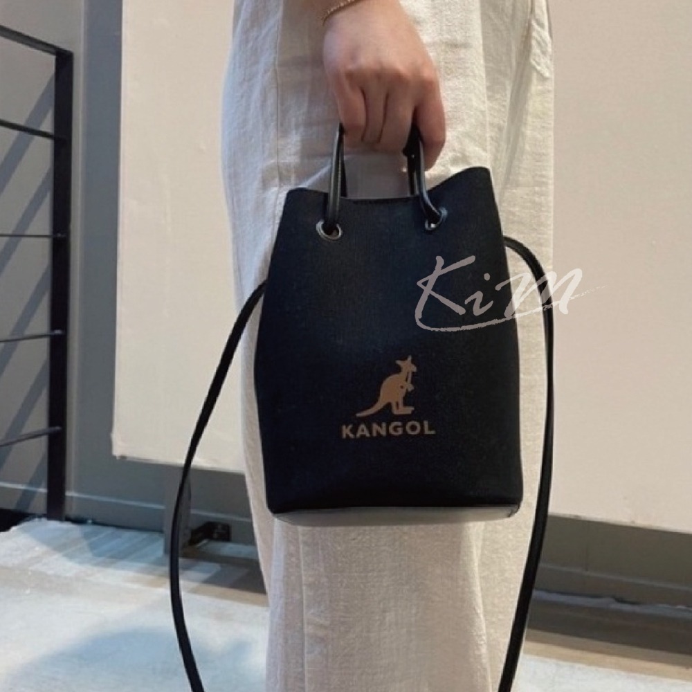 韓國KANGOL袋鼠牌 帆布PVC皮革拼接水桶包/小方包-細節圖5