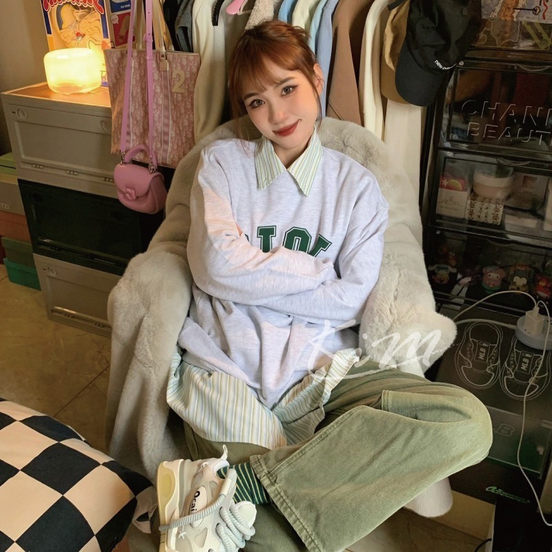 oioi衛衣 女 秋冬 5252圓領 寬鬆 男 情侶 馬卡龍 長袖 大學T-細節圖3