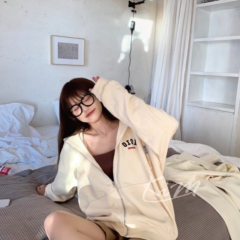 OiOi 開襟外套 女 連帽 衛衣 樸彩英 ROSE 同款 拉鍊 寬鬆 情侶 外套 薄款 加絨款-細節圖3