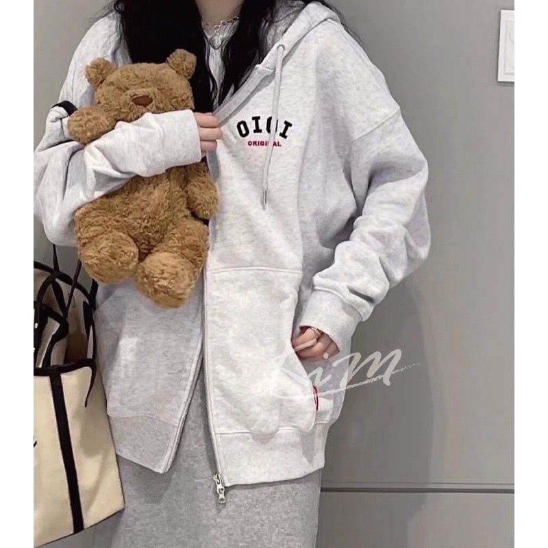 OiOi 開襟外套 女 連帽 衛衣 樸彩英 ROSE 同款 拉鍊 寬鬆 情侶 外套 薄款 加絨款-細節圖4