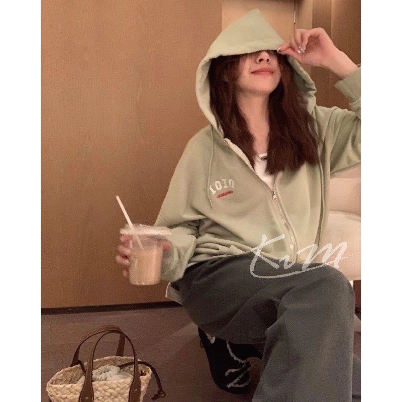 OiOi 開襟外套 女 連帽 衛衣 樸彩英 ROSE 同款 拉鍊 寬鬆 情侶 外套 薄款 加絨款-細節圖8