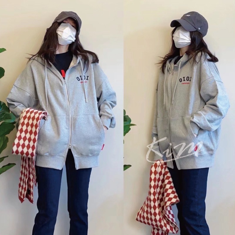 OiOi 開襟外套 女 連帽 衛衣 樸彩英 ROSE 同款 拉鍊 寬鬆 情侶 外套 薄款 加絨款-細節圖9