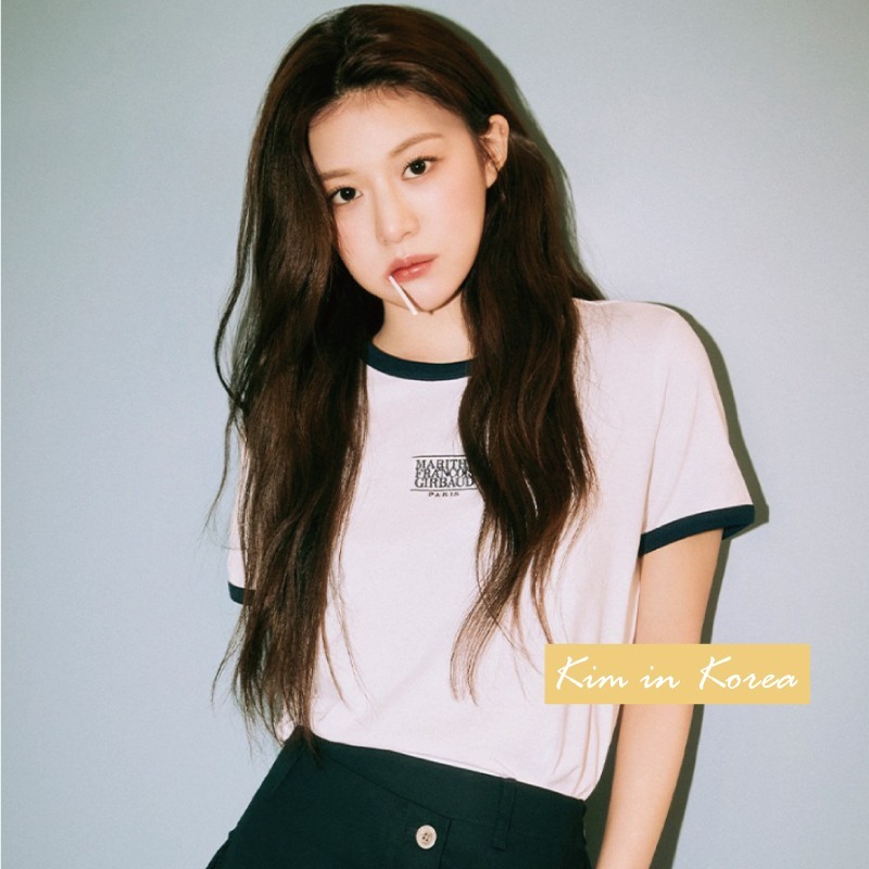 韓國MARITHE 拼色字母 刺繡 短袖 T恤 女 法式修身上衣 短袖T恤 滾邊-細節圖5