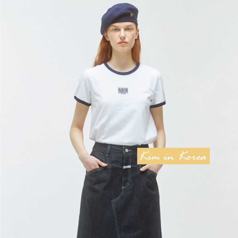 韓國MARITHE 拼色字母 刺繡 短袖 T恤 女 法式修身上衣 短袖T恤 滾邊-細節圖8