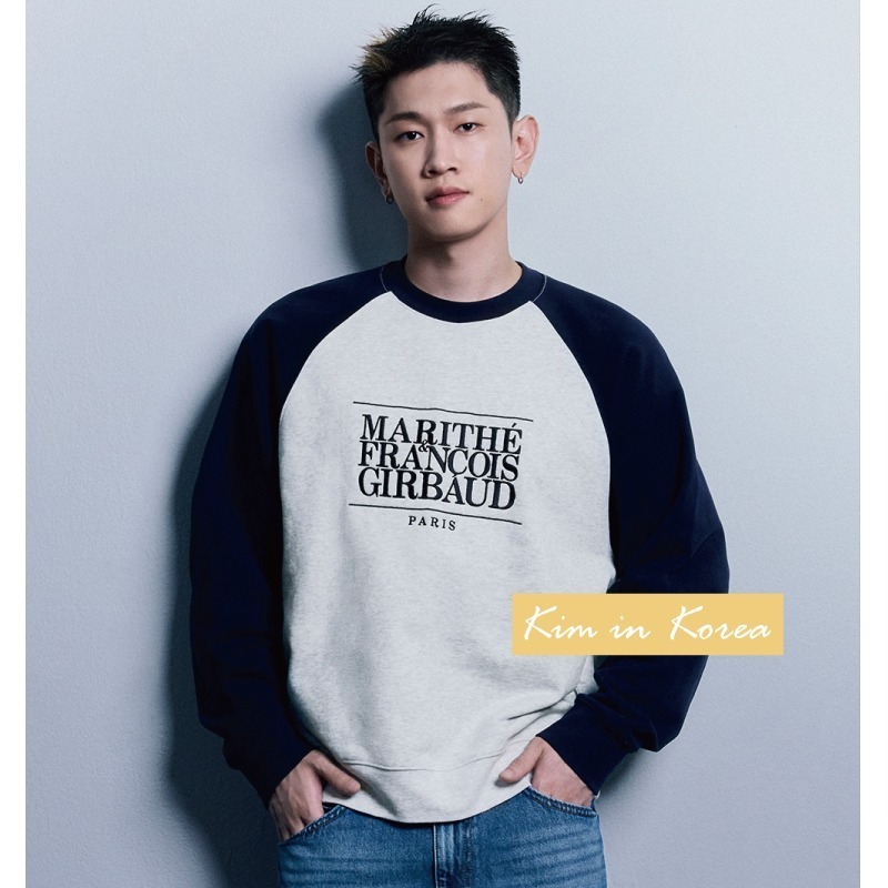 韓國MARITHE 撞色 插肩袖 圓領 衛衣 字母 刺繡 情侶上衣 長袖T恤-細節圖5