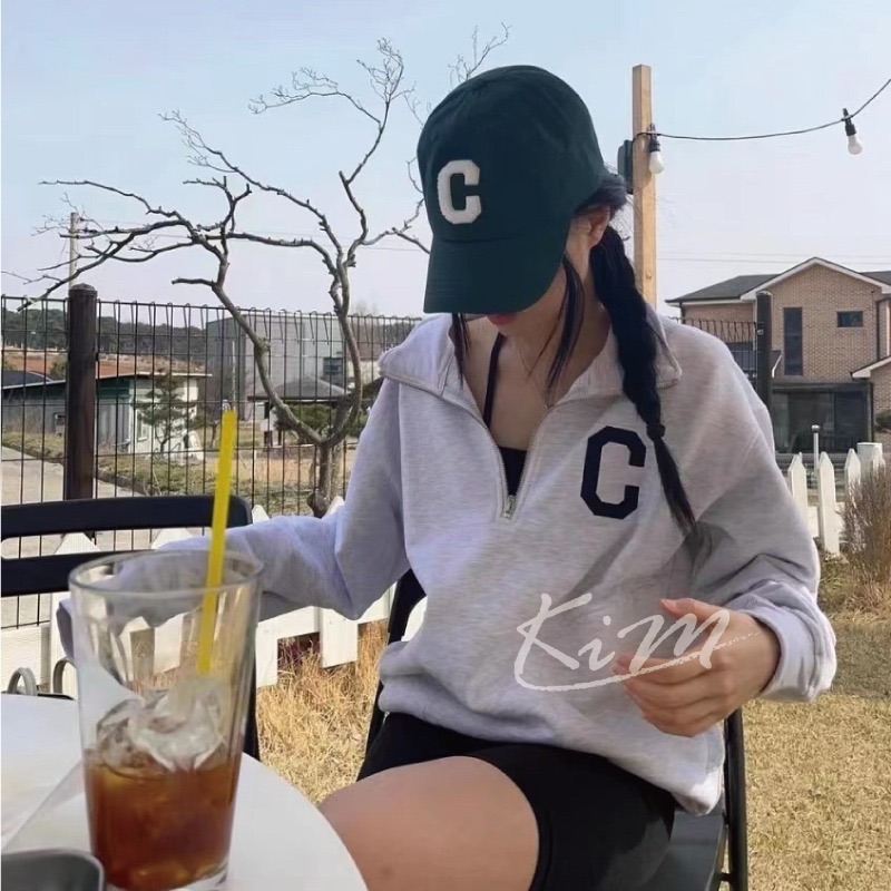 COVERNAT大學踢 申芝燕同款 C LOGO 半拉鍊 大學T 立領 毛圈布翻領半拉鍊圓領大學T 韓國代購-細節圖2