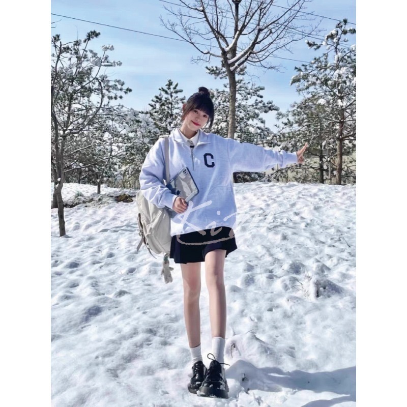 COVERNAT大學踢 申芝燕同款 C LOGO 半拉鍊 大學T 立領 毛圈布翻領半拉鍊圓領大學T 韓國代購-細節圖4