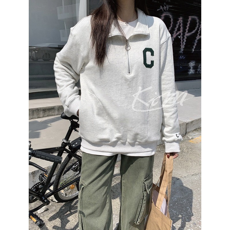 COVERNAT大學踢 申芝燕同款 C LOGO 半拉鍊 大學T 立領 毛圈布翻領半拉鍊圓領大學T 韓國代購-細節圖5