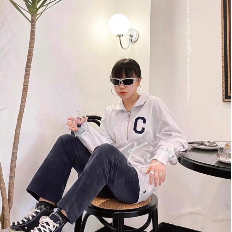 COVERNAT大學踢 申芝燕同款 C LOGO 半拉鍊 大學T 立領 毛圈布翻領半拉鍊圓領大學T 韓國代購-細節圖10
