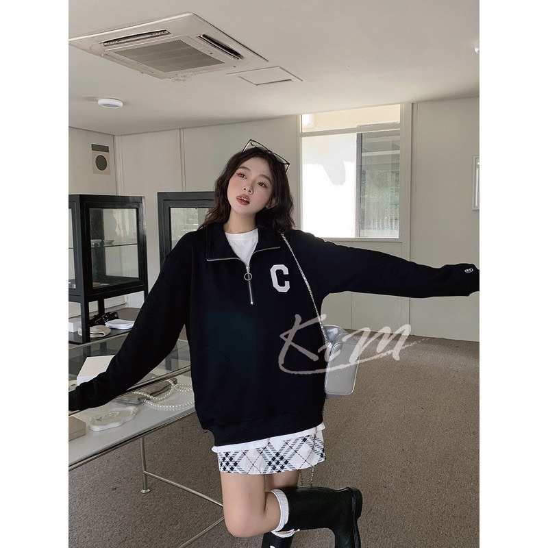 COVERNAT大學踢 申芝燕同款 C LOGO 半拉鍊 大學T 立領 毛圈布翻領半拉鍊圓領大學T 韓國代購-細節圖6