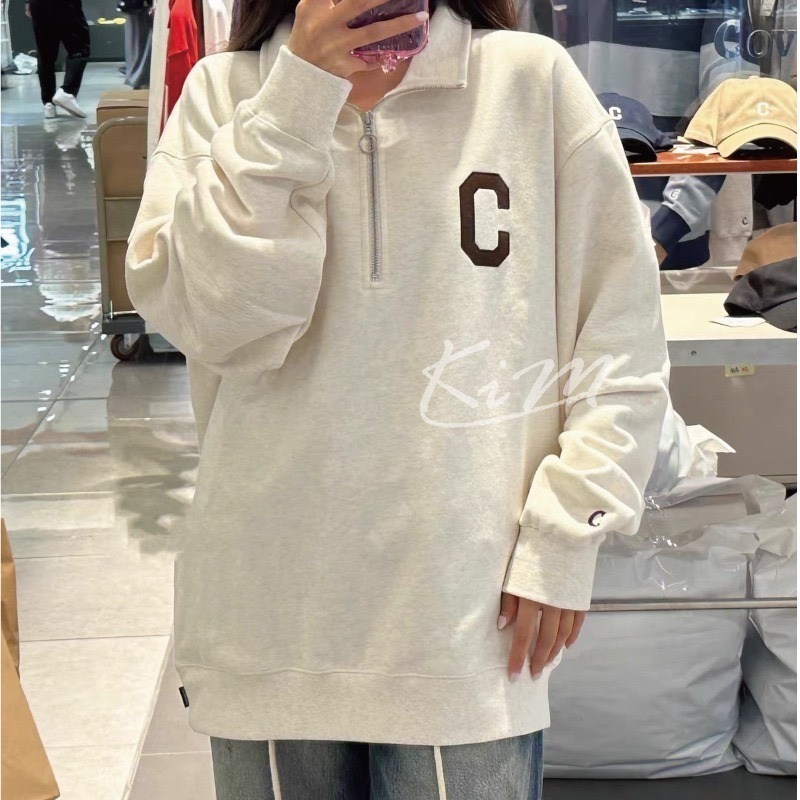 COVERNAT大學踢 申芝燕同款 C LOGO 半拉鍊 大學T 立領 毛圈布翻領半拉鍊圓領大學T 韓國代購-細節圖8