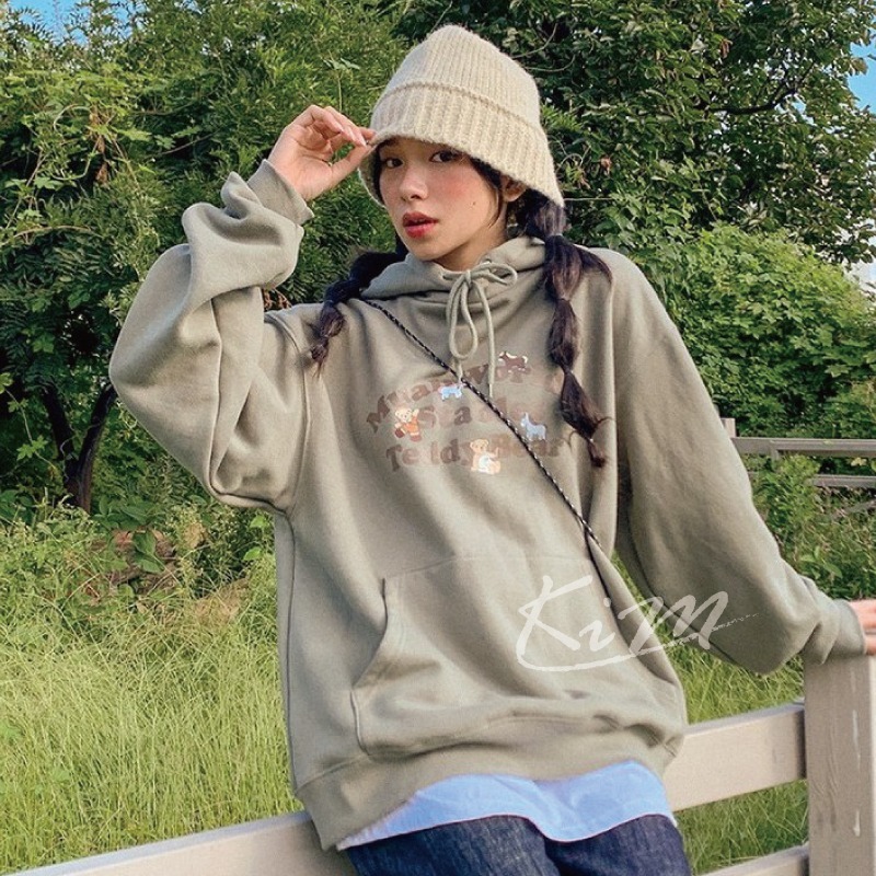 MUAHMUAH X GB 帽踢 刷毛 韓國代購 正品 連帽 可愛 印花 泰迪熊 熊 連帽T恤 帽T 聯名-細節圖4