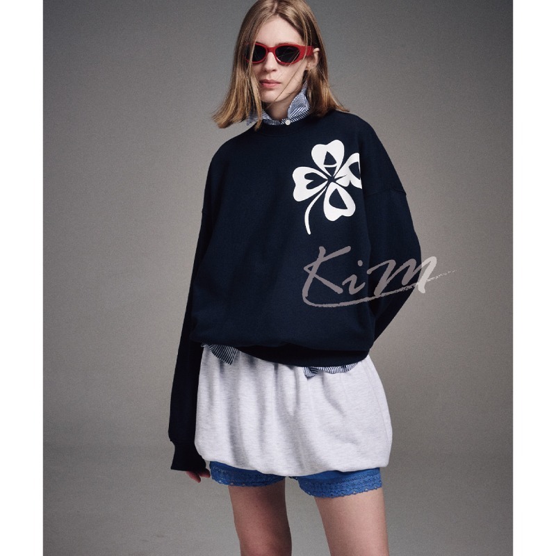 韓國MARDI MERCREDI 金高銀同款 四葉草 印花 大學T 長袖 女 秋冬款-細節圖9