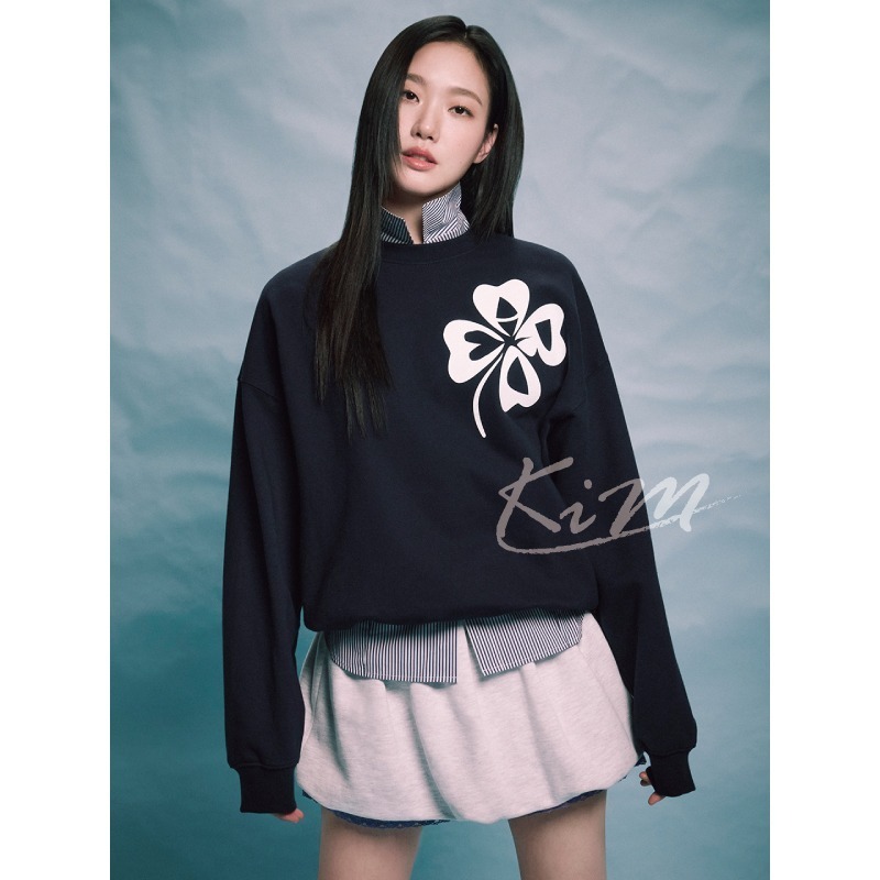 韓國MARDI MERCREDI 金高銀同款 四葉草 印花 大學T 長袖 女 秋冬款-細節圖3