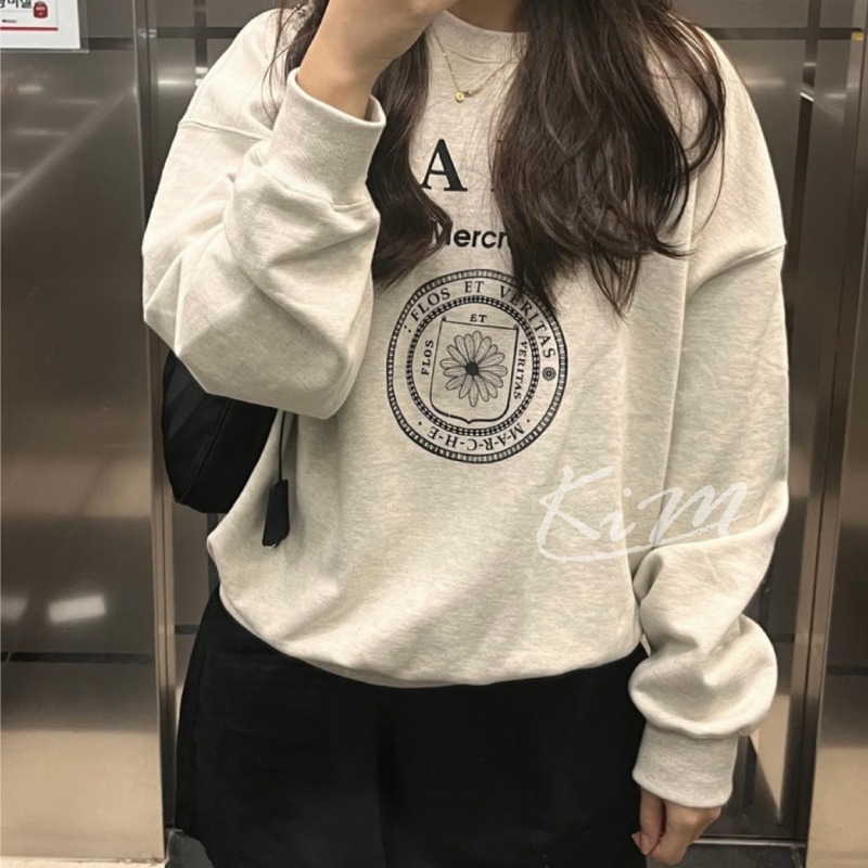 韓國MARDI MERCREDI 金高銀同款 雛菊 徽章 大學T 長袖T恤 圓領 衛衣 女-細節圖7