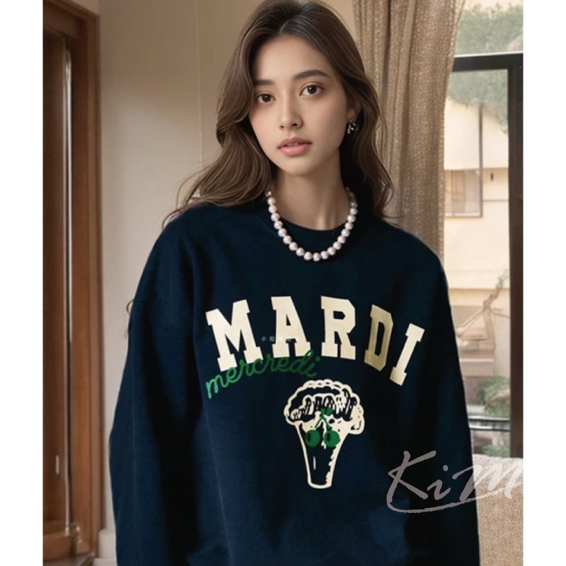 韓國MARDI MERCREDI 美式復古 西蘭花 花椰菜 圖案 印花 大學T 長袖T恤 圓領衛衣 女-細節圖10