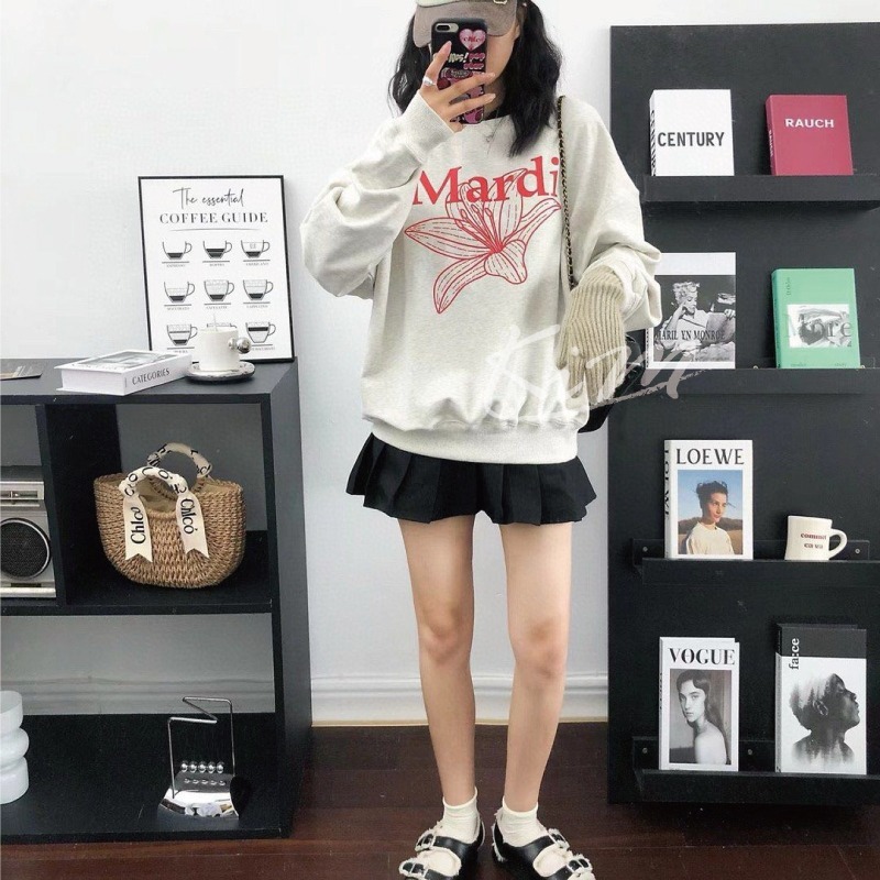 韓國MARDI MERCREDI 百合花 印花 大學T 長袖T恤 圓領衛衣 女-細節圖8