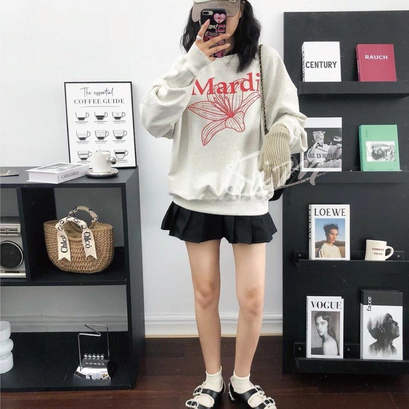 韓國MARDI MERCREDI 百合花 印花 大學T 長袖T恤 圓領衛衣 女-細節圖8