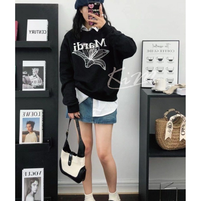 韓國MARDI MERCREDI 百合花 印花 大學T 長袖T恤 圓領衛衣 女-細節圖9