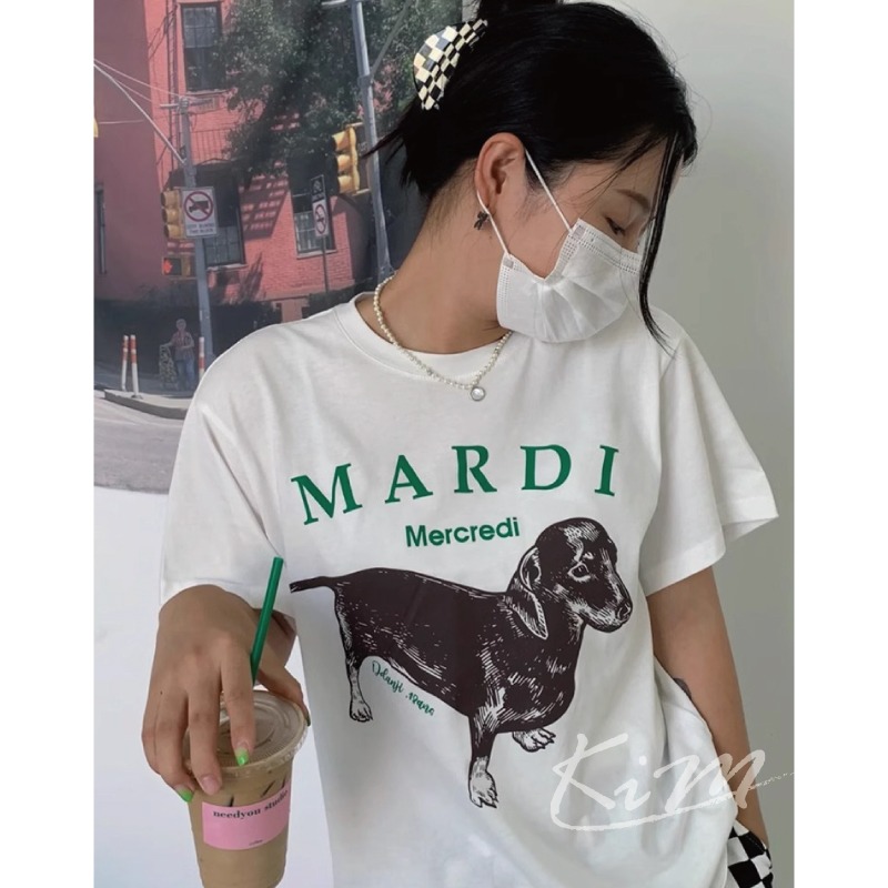 韓國MARDI MERCREDI 臘腸狗 美式復古 印花 短T 短袖T恤 圓領T恤 寬鬆 男 女-細節圖7