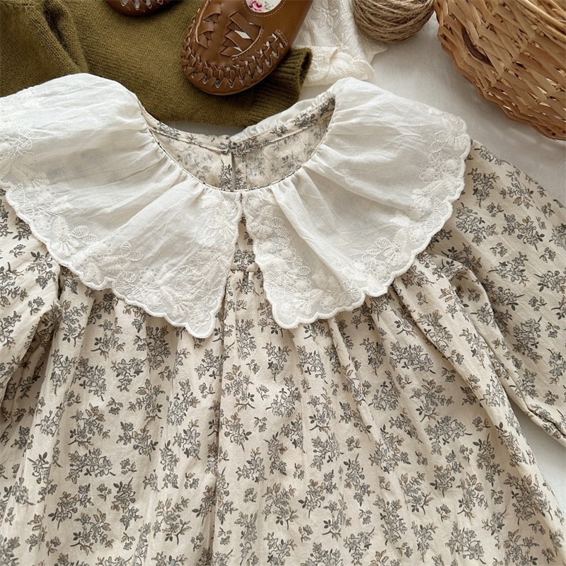 童裝  荷葉圓領碎花洋裝-細節圖2