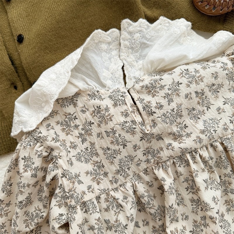 童裝  荷葉圓領碎花洋裝-細節圖5