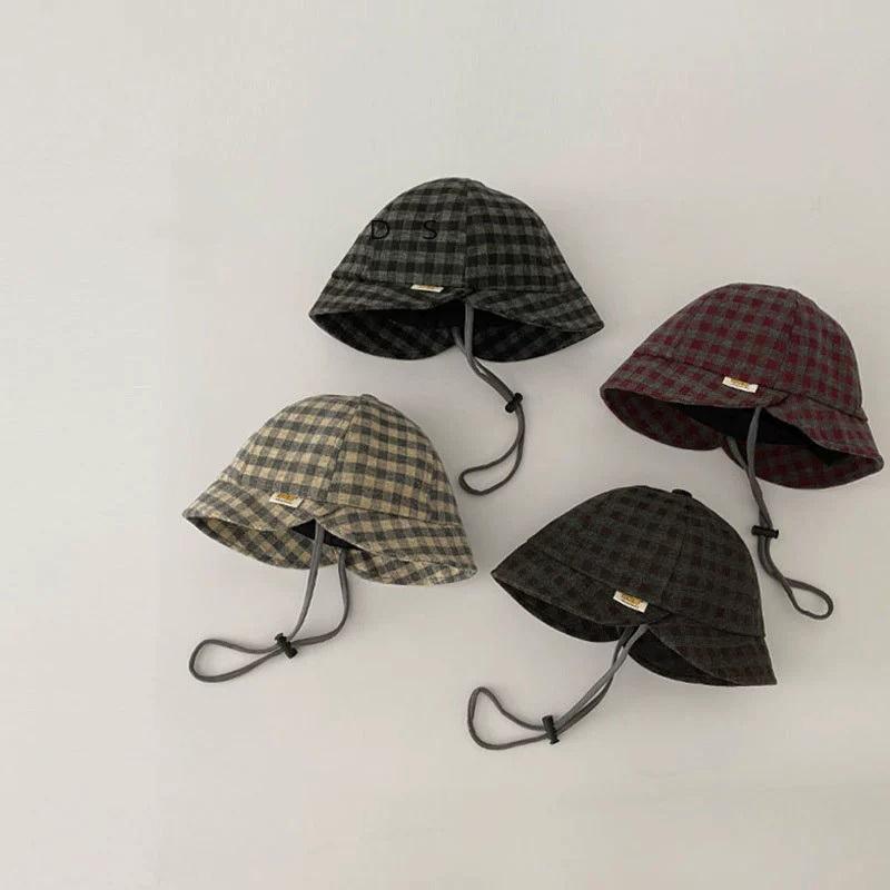 ↖快速出貨↗兒童嬰兒帽子春秋季洋氣磨毛格紋撞色拼接  防曬帽 嬰幼兒 寶寶穿搭漁夫帽-細節圖2