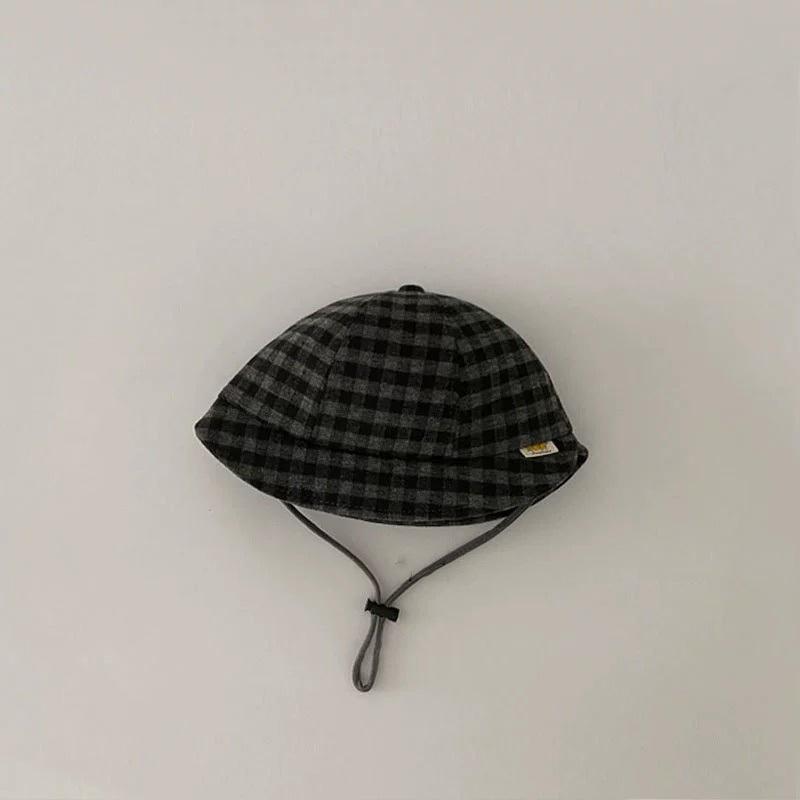 ↖快速出貨↗兒童嬰兒帽子春秋季洋氣磨毛格紋撞色拼接  防曬帽 嬰幼兒 寶寶穿搭漁夫帽-細節圖4