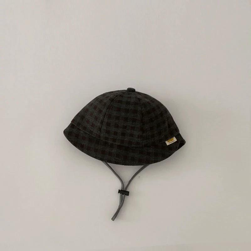 ↖快速出貨↗兒童嬰兒帽子春秋季洋氣磨毛格紋撞色拼接  防曬帽 嬰幼兒 寶寶穿搭漁夫帽-細節圖5