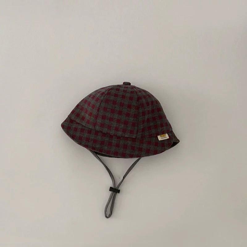 ↖快速出貨↗兒童嬰兒帽子春秋季洋氣磨毛格紋撞色拼接  防曬帽 嬰幼兒 寶寶穿搭漁夫帽-細節圖6
