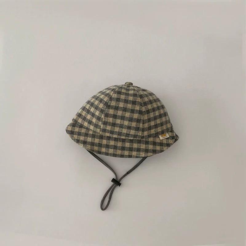 ↖快速出貨↗兒童嬰兒帽子春秋季洋氣磨毛格紋撞色拼接  防曬帽 嬰幼兒 寶寶穿搭漁夫帽-細節圖7