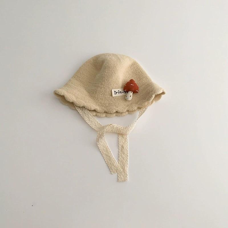 ↖快速出貨↗韓風Ig 韓系女童保暖防風針織毛線帽 蕾絲綁帶 女寶寶 漁夫帽 香菇-細節圖5