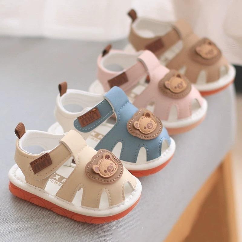 🌊 快速出貨⚡min雙小熊包頭涼鞋 走路會啾啾學步鞋  叫叫鞋 嬰兒學步鞋 男女寶寶 軟底 防滑牛津底逼逼鞋走路會嗶嗶-細節圖2