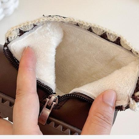 🌊 快速出貨⚡針織花花加絨PU皮短靴 兒童皮鞋靴 膠軟底學鞋 防滑鞋底  學走不掉鞋 可愛童靴子 男女童鞋雪靴-細節圖5