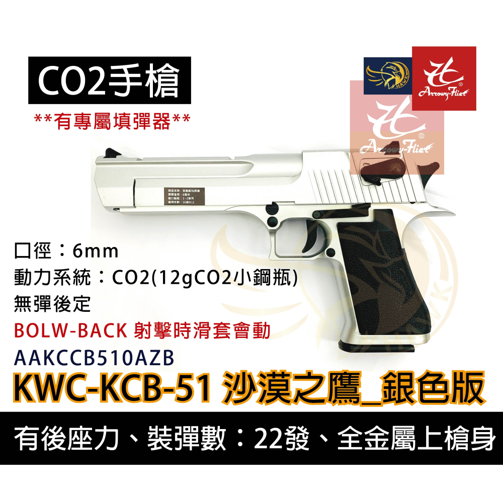 昊克-騎翼 KWC 沙漠之鷹 組合包 CO2 滑套可動 銀色 模型玩具 KCB51-細節圖3