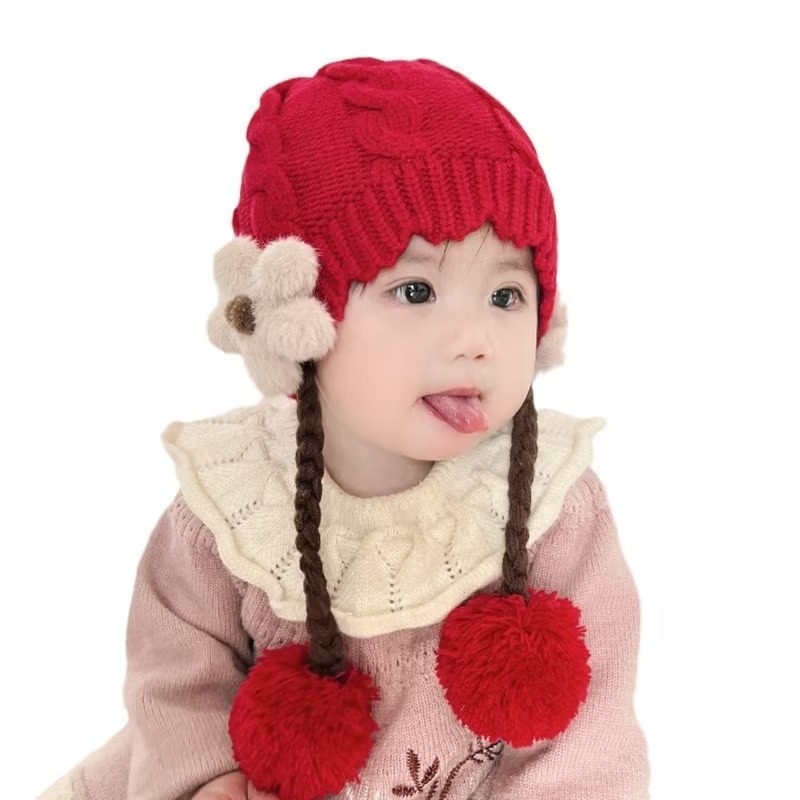 KT媽咪奶粉用品團購-台灣出貨，寶寶保暖毛線帽，可愛花朵毛線帽，嬰幼兒保暖帽，女寶可愛辮子造型保暖帽，寒流必備保暖帽子-細節圖2