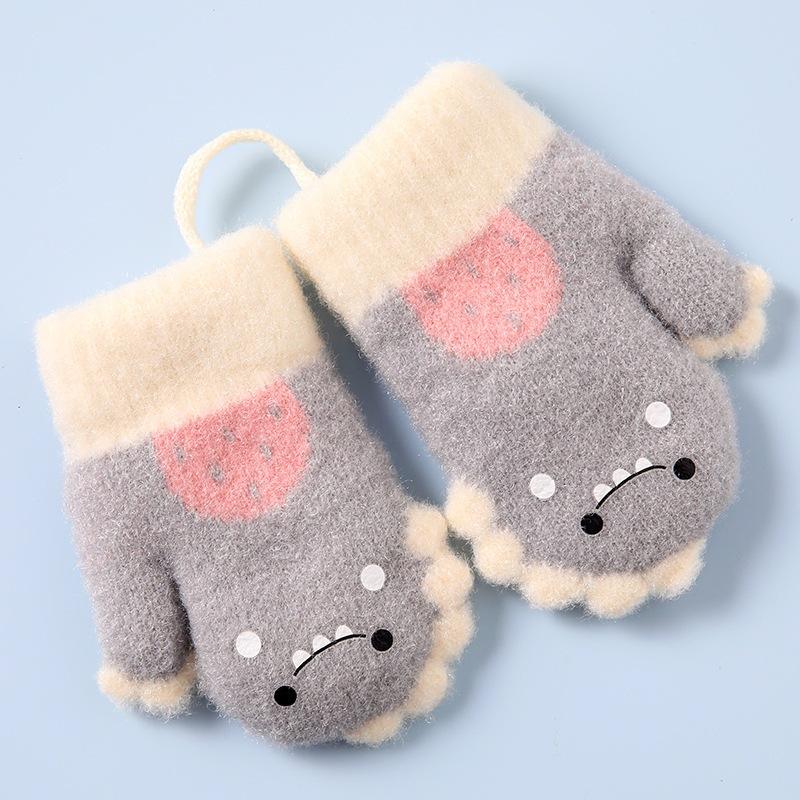 KT媽咪奶粉用品團購-幼童手套，可愛恐龍包指連指手套，秋冬加絨保暖手套，女寶掛脖針織手套，男寶包指手套，保暖掛脖手套-細節圖3