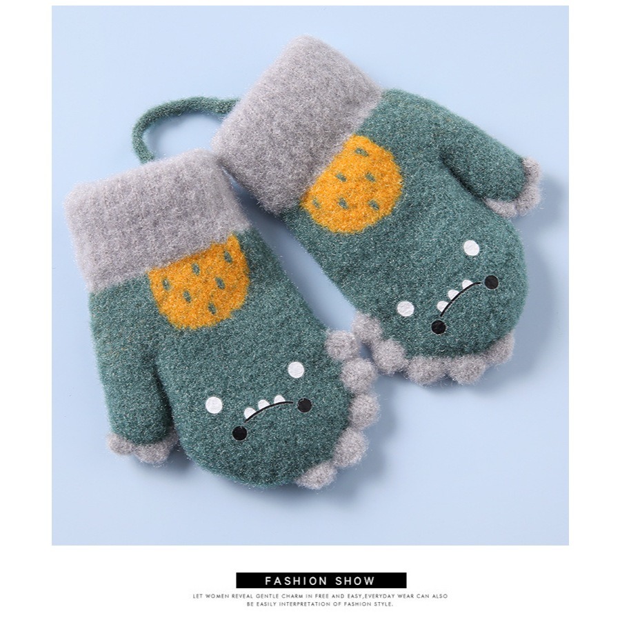 KT媽咪奶粉用品團購-幼童手套，可愛恐龍包指連指手套，秋冬加絨保暖手套，女寶掛脖針織手套，男寶包指手套，保暖掛脖手套-規格圖6