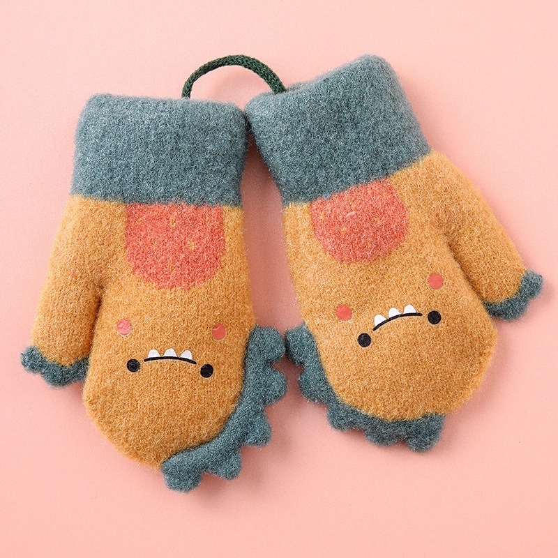 KT媽咪奶粉用品團購-幼童手套，可愛恐龍包指連指手套，秋冬加絨保暖手套，女寶掛脖針織手套，男寶包指手套，保暖掛脖手套-規格圖6