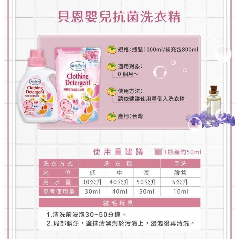 KT媽咪奶粉用品團購-貝恩嬰兒抗菌洗衣精，除臭防蟎抑菌三效合一，寶寶洗衣精1罐1000ml+2補充包800ml-細節圖5