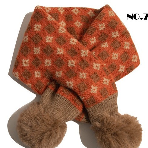 KT媽咪奶粉用品團購-台灣現貨，寶寶保暖圍巾，韓風超萌球球拼色交叉圍巾，冬天保暖脖圍，兒童針織交叉圍巾，寒流必備圍巾-細節圖8