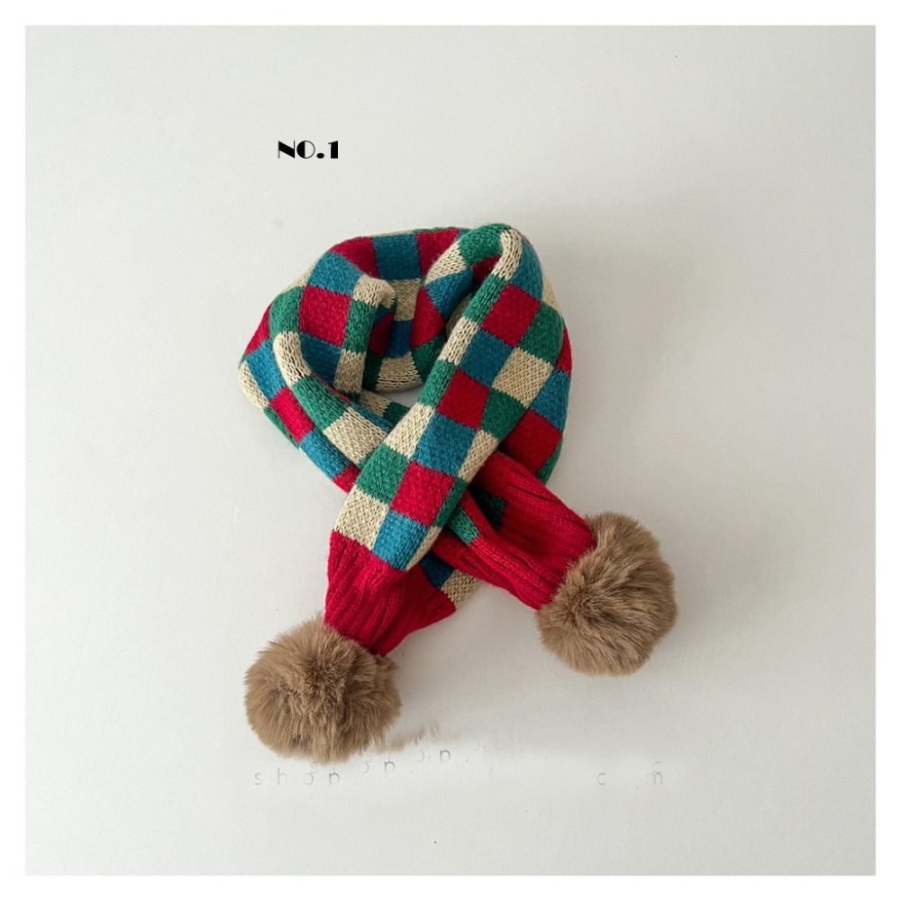 KT媽咪奶粉用品團購-台灣現貨，寶寶保暖圍巾，韓風超萌球球拼色交叉圍巾，冬天保暖脖圍，兒童針織交叉圍巾，寒流必備圍巾-規格圖9