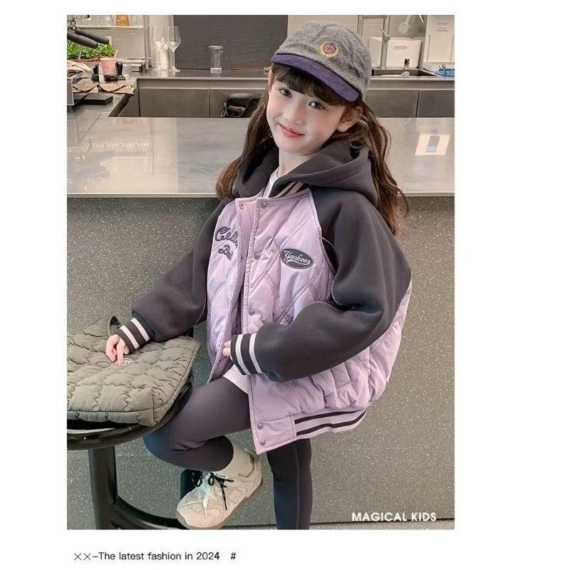 KT媽咪奶粉用品團購-秋冬款連帽外套，女童加棉連帽外套，女大童拼色連帽外套，百搭時尚外套，粉灰拼色外套，台灣現貨-細節圖3