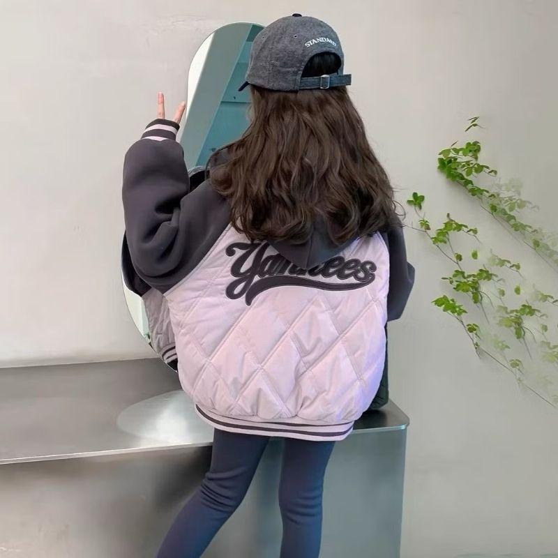 KT媽咪奶粉用品團購-秋冬款連帽外套，女童加棉連帽外套，女大童拼色連帽外套，百搭時尚外套，粉灰拼色外套，台灣現貨-細節圖4