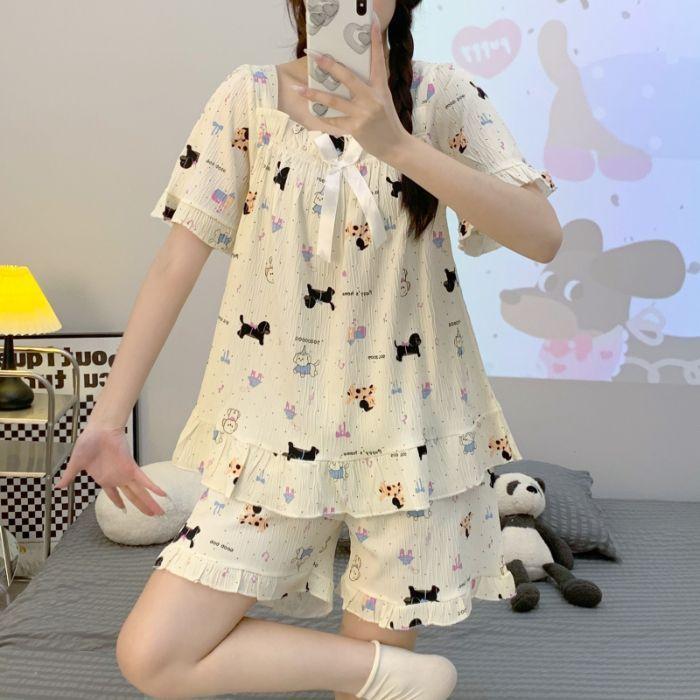 KT媽咪奶粉用品團購-夏季短袖家居服,彈力仿棉皺布睡衣套裝,女款家居服,女款公主風睡衣-細節圖3