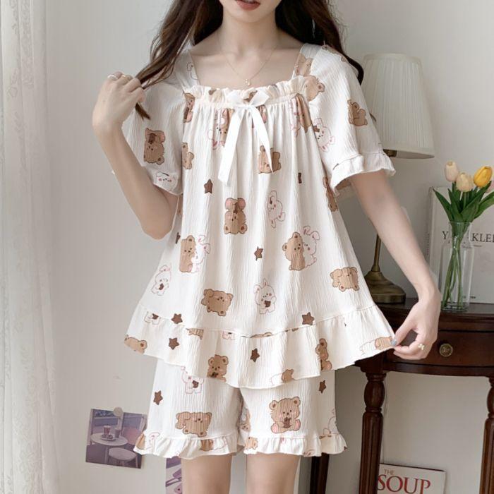 KT媽咪奶粉用品團購-夏季短袖家居服,彈力仿棉皺布睡衣套裝,女款家居服,女款公主風睡衣-細節圖4