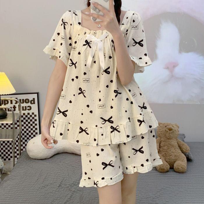 KT媽咪奶粉用品團購-夏季短袖家居服,彈力仿棉皺布睡衣套裝,女款家居服,女款公主風睡衣-細節圖6