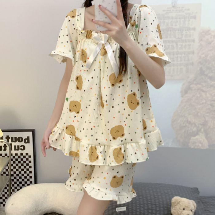 KT媽咪奶粉用品團購-夏季短袖家居服,彈力仿棉皺布睡衣套裝,女款家居服,女款公主風睡衣-細節圖8