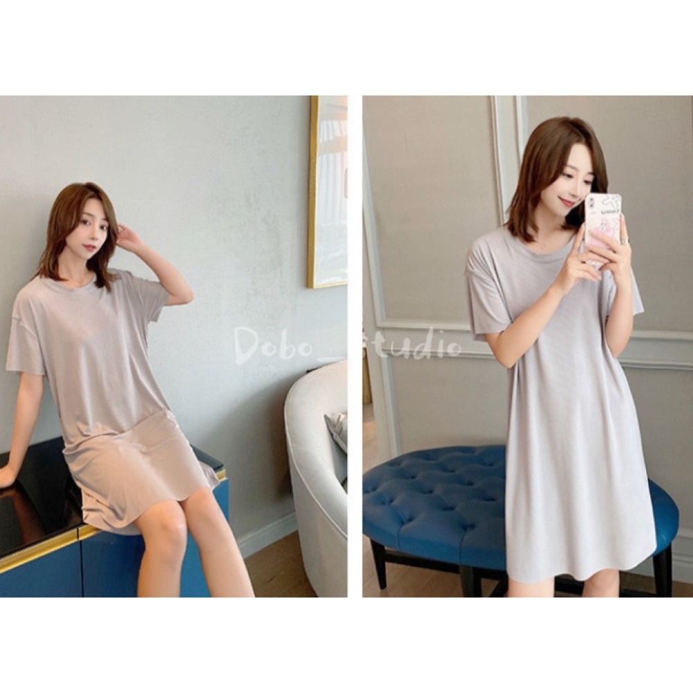 鳥我一下好嗎🍀夏季冰絲涼裙子 素面簡約 休閒套裝 彈力冰絲 涼感 長版睡衣 輕薄透氣 開衩裙 絲質睡衣 睡袍 冰絲睡衣-細節圖6