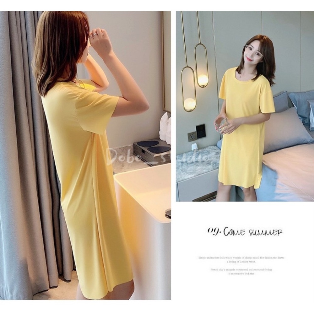 鳥我一下好嗎🍀夏季冰絲涼裙子 素面簡約 休閒套裝 彈力冰絲 涼感 長版睡衣 輕薄透氣 開衩裙 絲質睡衣 睡袍 冰絲睡衣-細節圖9